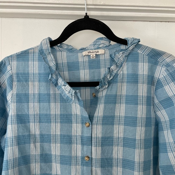 SIZE XS Madewell Ruffle Neck Top Colwell Plaid Blue & White Gingham - Picture 4 of 5
